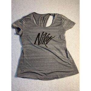 Nike T Shirt Top Women Medium Gray Space Dye Dri Fit Round Neck Cutout Back Logo